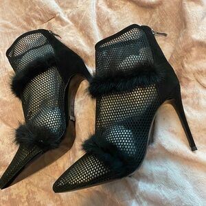 Chic Black Mesh Stiletto Heels with Fox Fur Accents